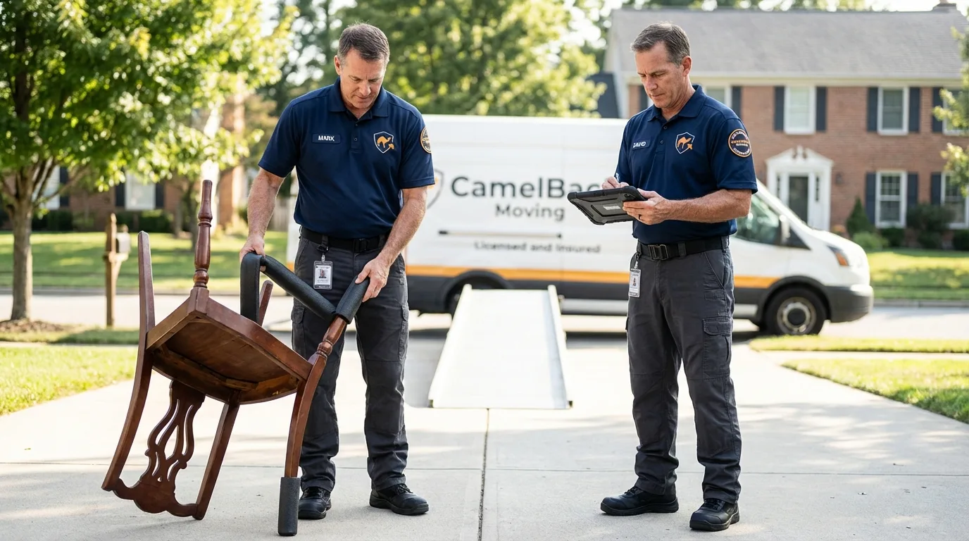 Movers inspecting furniture for damage prevention before loading in Scottdale, PA