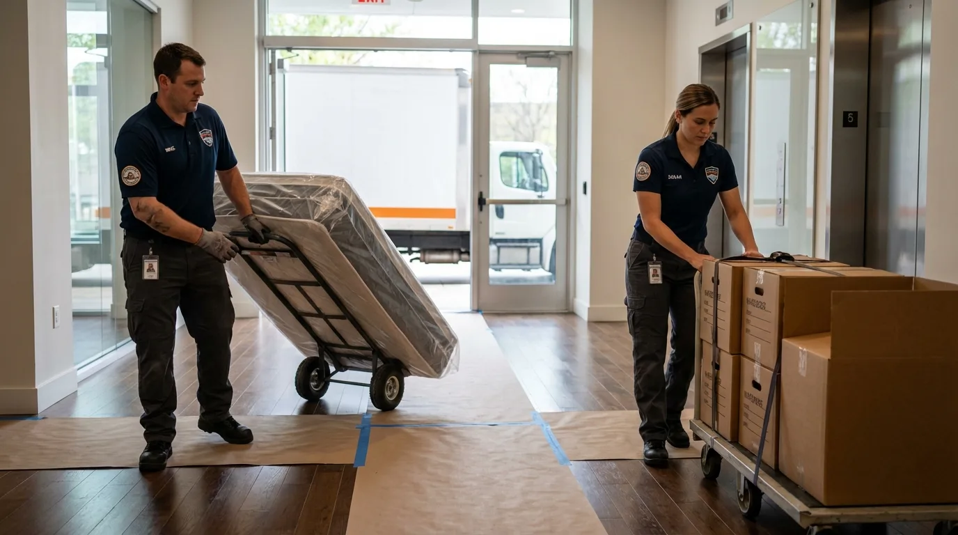 Professional apartment movers loading elevator in Scottdale, PA