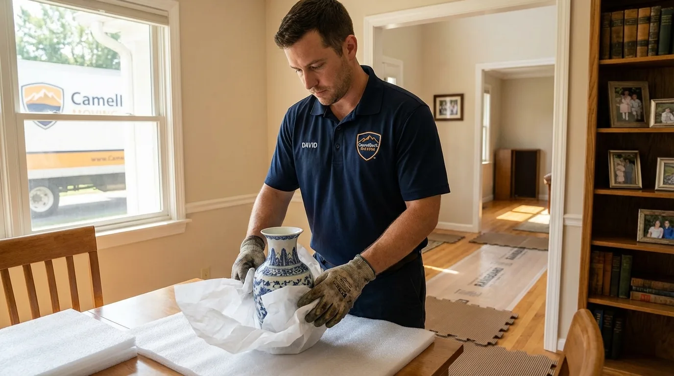 Professional crew carefully wrapping antique vase for senior downsizing move in Scottdale, PA